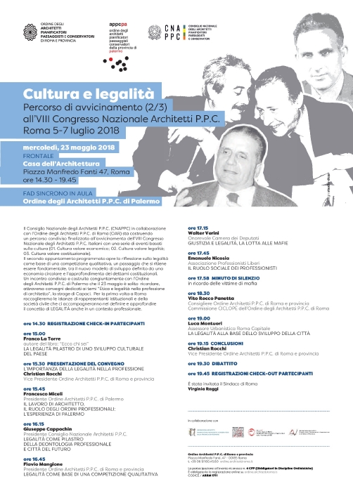 CULTURA E LEGALITA' Roma 23 maggio 2018 Casa dell'Architettura ore 15.00